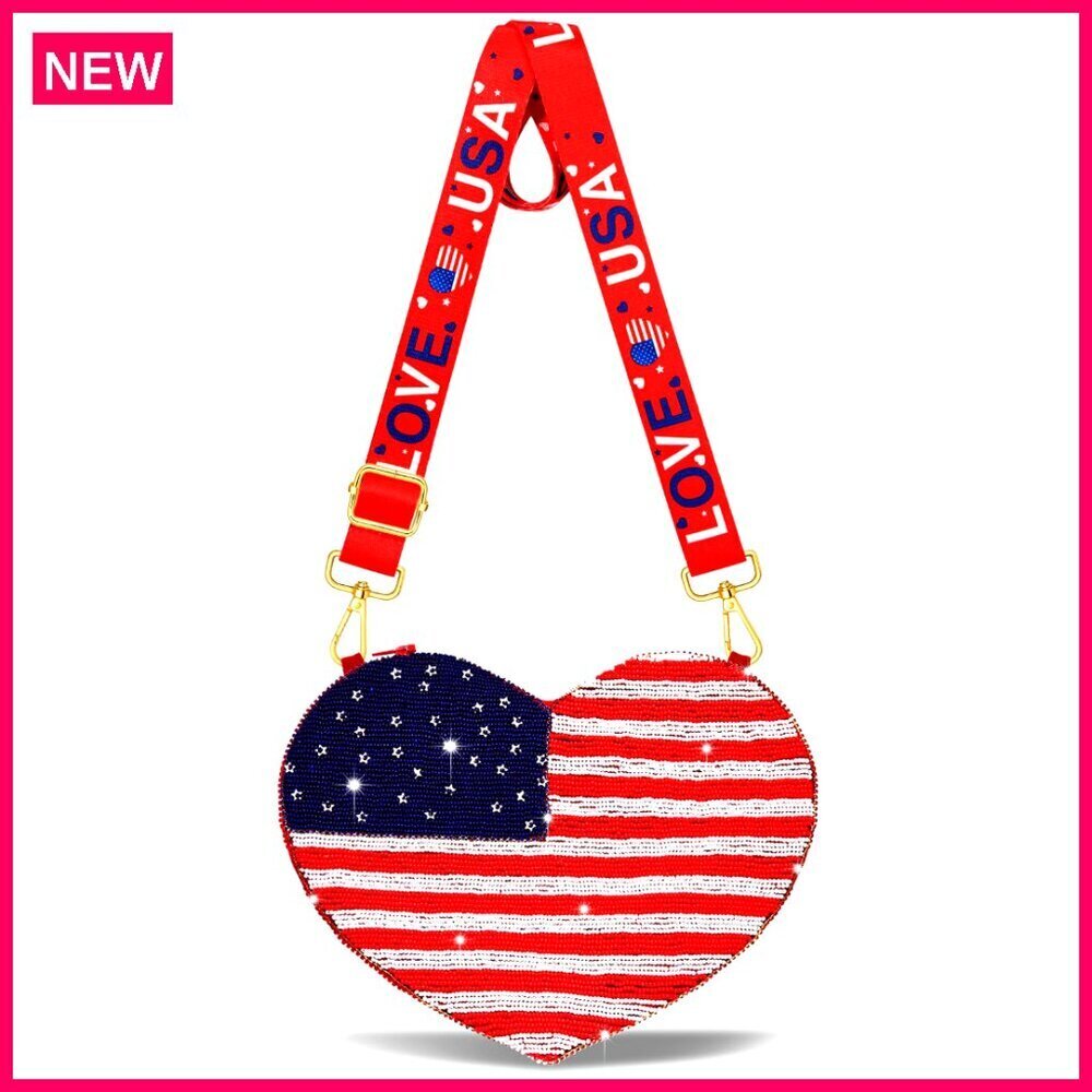 Sequin Beaded USA Crossbody Shoulder Bag Patriotic Purse for Women